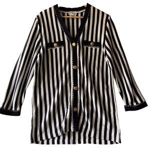 Criselda Rustans Travel Cardigan Women 12 Navy White Stripe Gold Button Vintage